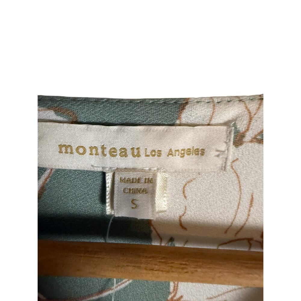 Monteau Sage Green White Floral Print Button VNeck Short Sleeve Midi Dress Small - Picture 4 of 8